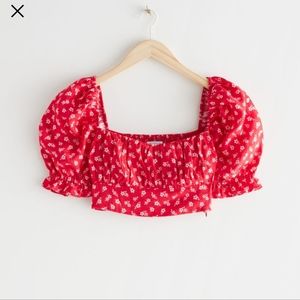 Linen Puff Sleeve Crop Top in Red Florals
